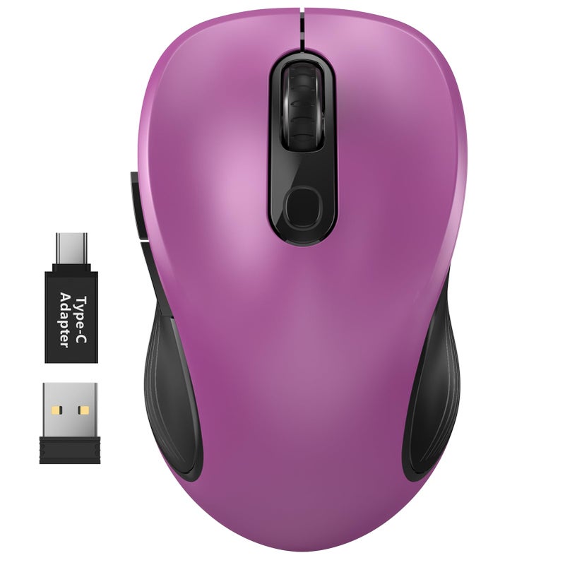 WisFox 2.4G Wireless Mouse for Laptop, Ergonomic Computer Mouse with USB Receiver and Type-C Adapter, 3 Adjustable Levels, 6 Button Cordless Wireless Mice for Windows Mac PC Notebook (Purple) - Image 1